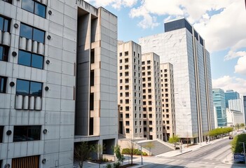 Stark geometric concrete buildings, brutalist architecture, urban landscape,  angular,  stark