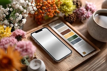 Modern phone mockup for stylish branding with flowers, coffee and color palette for creative inspiration