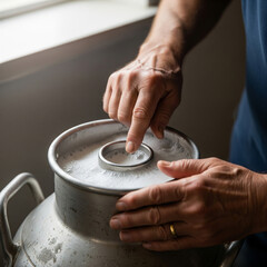 A candid and authentic close-up of a farmer's hands checking milk foam