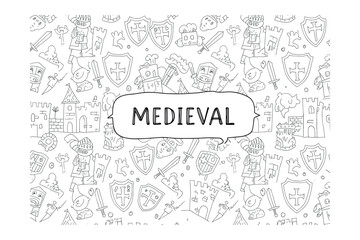 Medieval themed illustrations featuring knights castles and swords fantasy digital design playful environment. Vector illustration