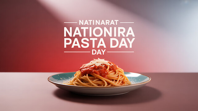 A plate of spaghetti with tomato sauce and grated cheese is displayed on a table, celebrating National Pasta Day.