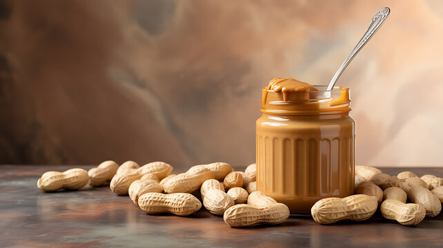 A jar of peanut butter with a spoon and scattered peanuts on a wooden surface
