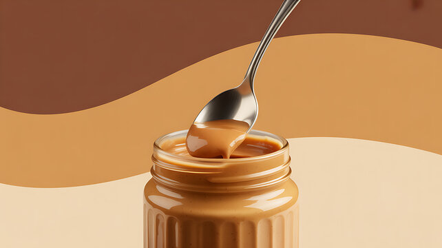 A spoon lifting creamy peanut butter from an open jar against a warm-toned abstract background