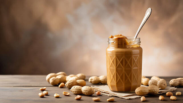 Jar of peanut butter with spoon and scattered peanuts on wooden surface