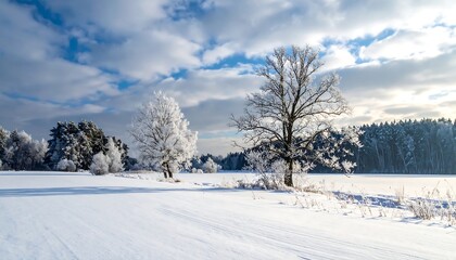 Obraz premium Snowy winter landscape with frosted trees