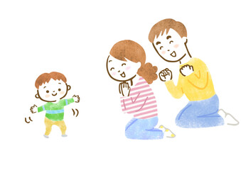 初めて歩いた子供を見て喜ぶ両親の手描きイラスト