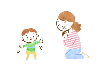 初めて歩いた子供を見て喜ぶ母親の手描きイラスト