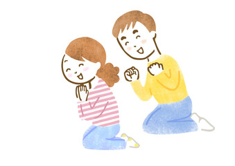 何かを見て喜んだり応援している男女の手描きイラスト（座位）