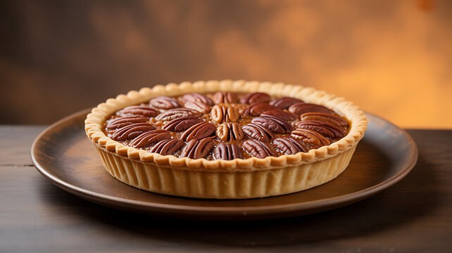 A freshly baked pecan pie with a golden crust and neatly arranged pecans, presented on a wooden surface.