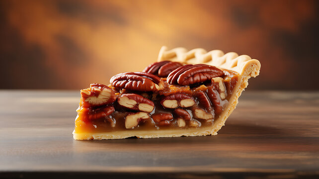 A slice of pecan pie with a flaky crust and glossy filling, topped with whole pecans, presented on a wooden surface.