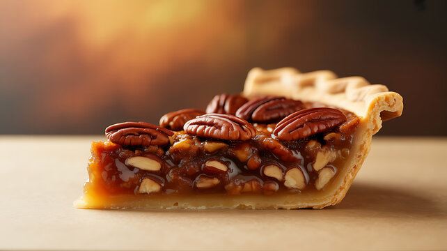 A slice of pecan pie with a flaky crust and caramelized filling, topped with whole pecans.
