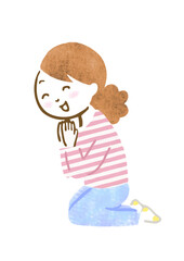何かを見て喜んでいる女性の手描きイラスト（座位）