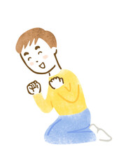 何かを見て応援している男性の手描きイラスト（座位）