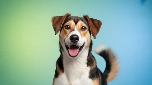 A happy tricolor dog with a wagging tail against a gradient blue and green background