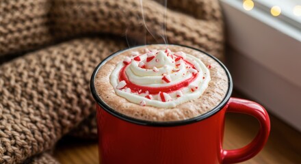 Hot chocolate in red mug with whipped cream and candied