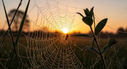 Spiderweb covered in dew drops, capturing the golden light of a serene sunrise within nature