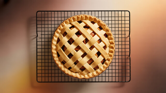 Freshly baked lattice-top pie cooling on a wire rack