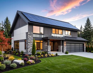 Modern two-story home with solar panels, stone accents, and landscaped yard at dusk