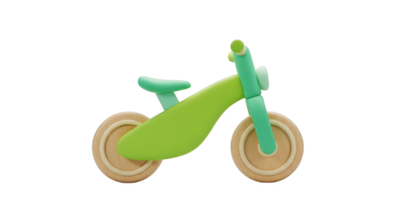 Green and light blue wooden balance bike toy isolated on a transparent background children
