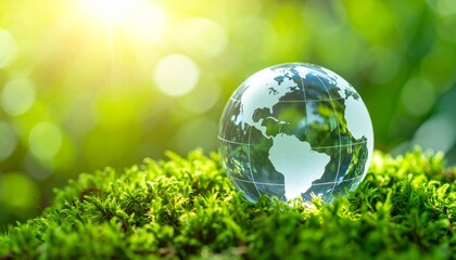 A 3D globe symbol of the earth resting on green grass illustrates the concept of global ecology and the environment