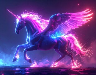 A winged unicorn in neon light