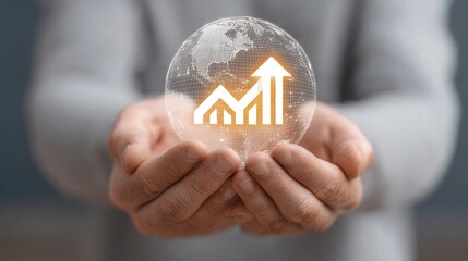 Hands holding glowing holographic globe with neon eco icons and futuristic financial infographics in abstract digital style.