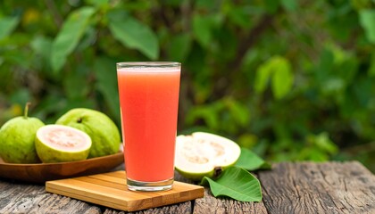 Refreshing pink guava juice in glass, served with fresh guava fruits