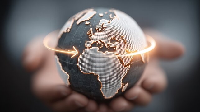 Hands holding glowing holographic globe with neon eco icons and futuristic financial infographics in abstract digital style. - Powered by Adobe