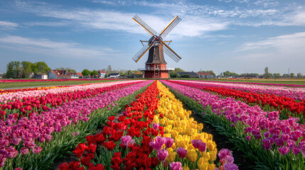 Dutch Windmill and Colorful Tulip Fields
