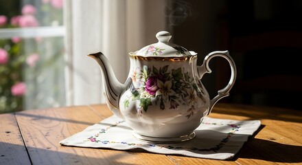 Fototapeta premium Elegant Porcelain Teapot on Wooden Table.