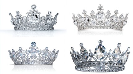 Four ornate diamond crowns, reflecting on white background
