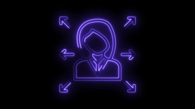 Neon businesswoman with directional arrows illustrating decisions and career paths on black background