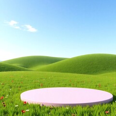 Obraz premium Empty pink podium on lush green rolling hills under a blue sky