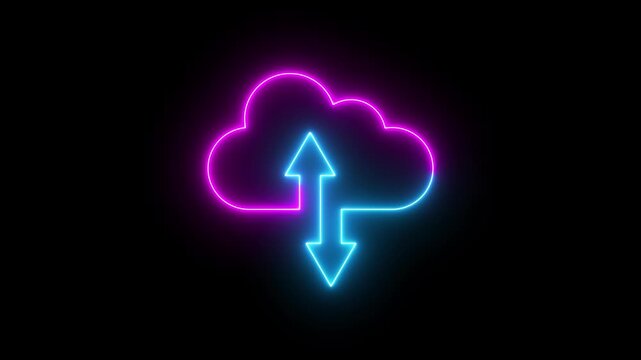 Neon cloud storage icon with upload and download arrows glowing in red animation on black background, digital technology for data transfer, cloud computing, backup, and online storage concept