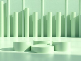 Minimalist mint green cylinders and pedestals in a studio setting