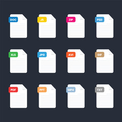 File type icon set. Popular files format and document in flat style design. Format and extension of documents. Set of graphic templates