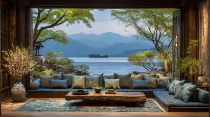 Tranquil Lakeside Living Room with Mountain Views