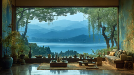 Obraz premium Serene Mountain Lake View from a Traditional Chinese Home