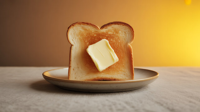 A slice of toasted bread with a pat of butter on a plate, set against a warm yellow background.