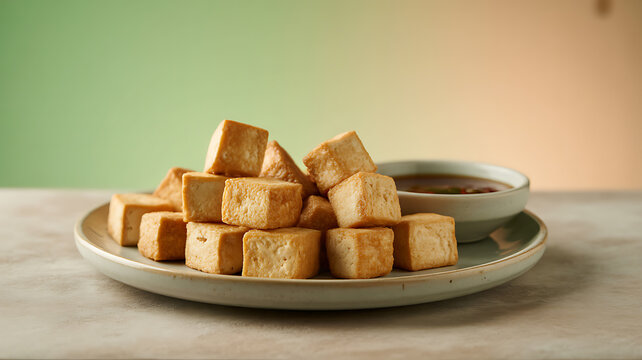 Stacked fried tofu cubes served on a plate with dipping sauce