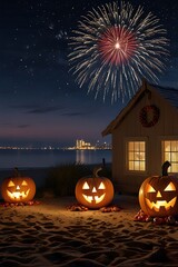 Halloween beach scene at night with fireworks.  Jack-o'-lanterns on the sand,  lit cabin, stars, and water