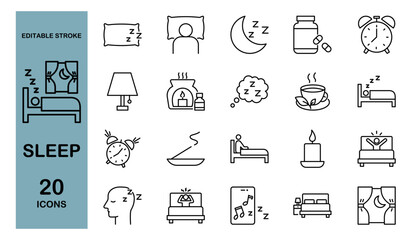 Sleep and Relaxation Icon Collection Featuring Beds, Pillows, Aromatherapy, and Nighttime Comfort Items. Editable Stroke. Vector Illustration.