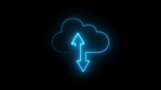 Neon cloud storage icon with upload and download arrows glowing in red animation on black background, digital technology for data transfer, cloud computing, backup, and online storage concept