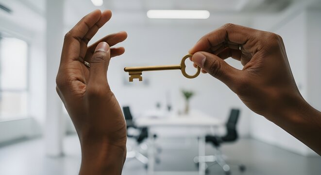 Close-up of hands holding key for new corporate office, symbolizing business move and opportunity