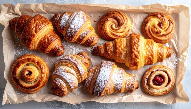 Golden Flaky Croissants & Sweet Danish Pastries with Powdered Sugar on Rustic Parchment