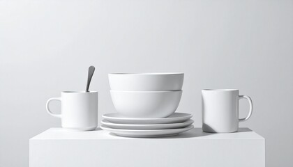 Fototapeta premium 무광 흰 도자기 식기 세트 Matte White Porcelain Tableware Set