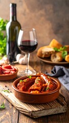 Sausages in rich sauce, served with bread and wine