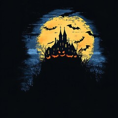 Halloween castle silhouette under a large, textured moon