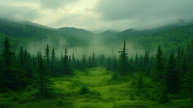 Misty mountain valley, lush green forest