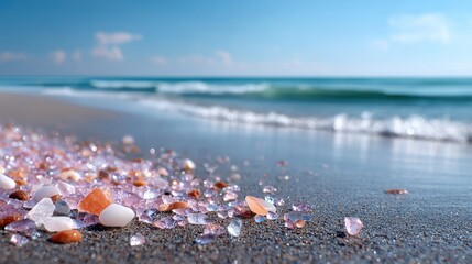 Tranquil Beach Scene with Assorted Shells Clear Turquoise Water and Horizon at Sunny Day